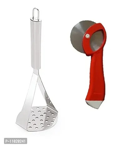 Stainless Steel Potato Vegetable Pav Bhaji Big Masher  Plastic Heavy Body Pizza Cutter.(Pack of 2 Pcs) S1