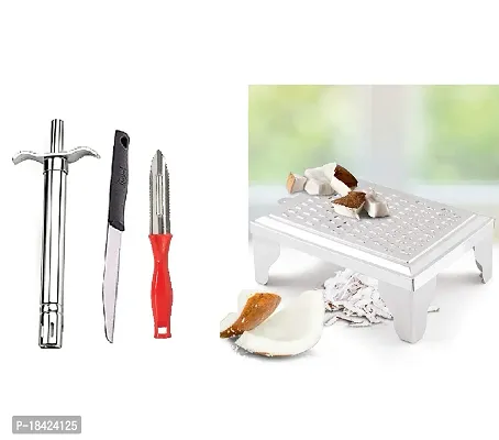 Stainless Steel Gas Lighter With Knife  Plastic Peeler And Stainless Steel Cheese  Vegetable Grater Kaddu Kash Supreme Amrapali Grater.3 Pcs