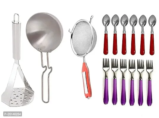 Ss Masher-Silver Tadka Pan-Soup-Lattu Fork-Lattu Spoonstainless Steel Cooking Spoons-thumb0