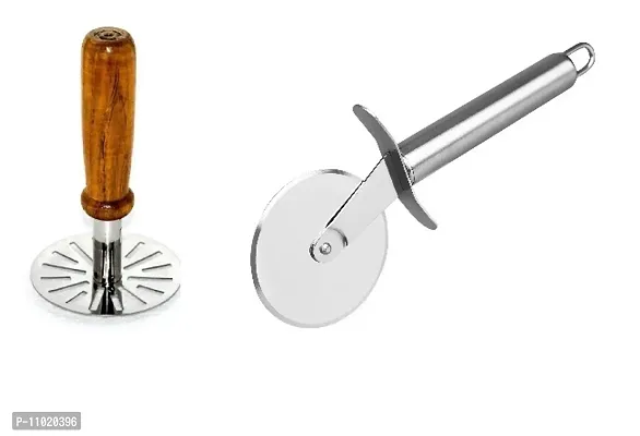 Wooden Handle Vegetable Pav Bhaji Masher  Stainless Steel Pizza Cutter (Pack of 2 Pcs) S1