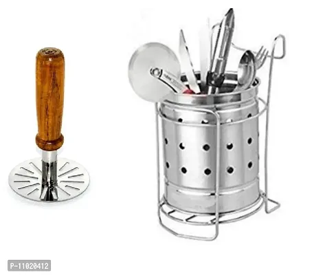 Wooden Handle Vegetable Pav Bhaji Masher  Stainless Steel Cutlery Holder (Pack of 2 Pcs) S1