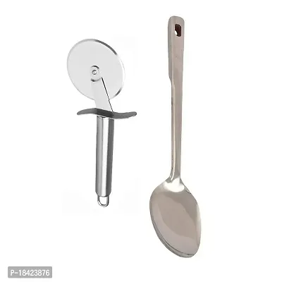 Stainless Steel Pizza Cutter And SS Cooking Spoon Strainer Paan With Long Handle.2 Pcs
