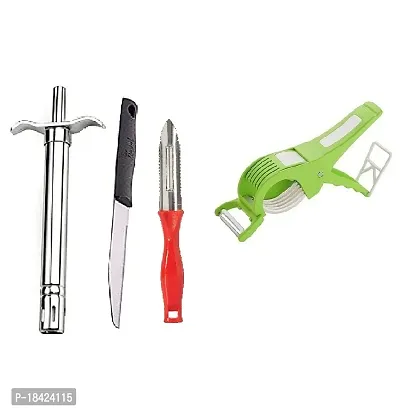 Stainless Steel Gas Lighter With Knife  Plastic Peeler And Plastic 2 In 1 MultiPerpose Bhindi Cutter.3 Pcs