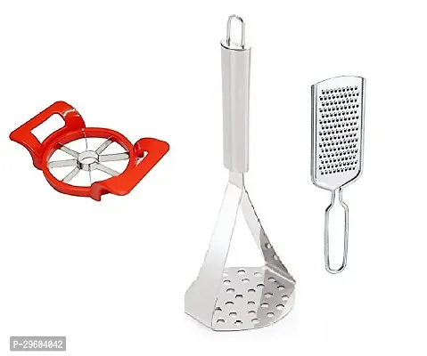 Plastic Apple Cutter With Stainless Steel Potato Crusher Vegetable Smasher Pav Bhaji Masher 10 Inch (Silver) And Stainless Steel Cheese Grater Also Ginger, Garlic, Nutmeg and Chocolate Grater.Pack of 3 Pcs-thumb0