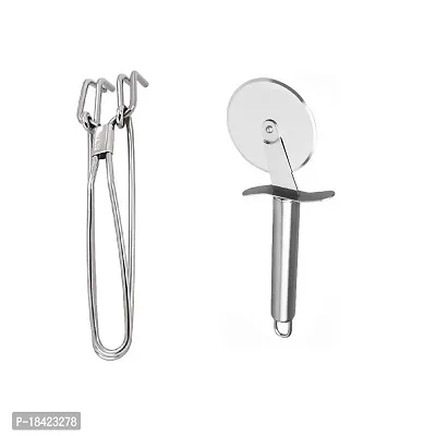 Stainless Steel Wire Tong Pakkad With Stainless Steel Pizza Cutter.2 Pcs-thumb0