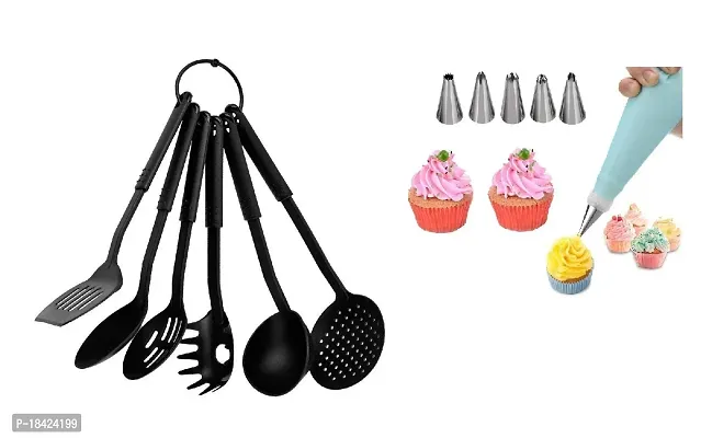 Nylon Heat-Resistant Nonstick Spoon Spatula Turner Scoop Kitchen Cooking Utensil Tools Set 6 Pcs Black Tong  6 Pcs Stainless Steel Reusable Washable Cake Nozzle Silicone Icing Piping Cream Pastry Making Bag.2 Pcs