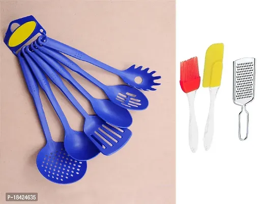 Heat-Resistant Nylon Nonstick Spoon Spatula Turner Scoop Kitchen Cooking Utensil Tools Set 6 Pcs Blue With Silicone Mini Spatula  Brush Set And SS Cheese Grater.3 Pcs S1