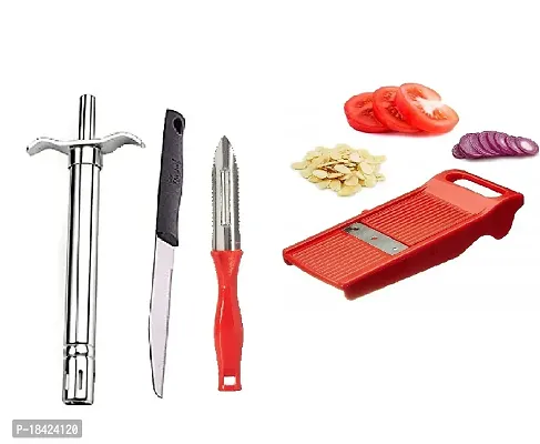 Stainless Steel Gas Lighter With Knife  Plastic Peeler And Plastic Easy Plus Slicer Red.3 Pcs