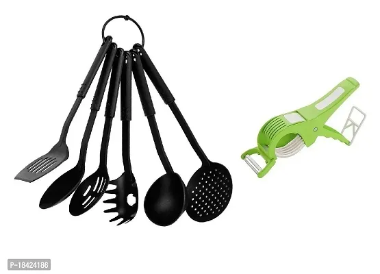 Nylon Heat-Resistant Nonstick Spoon Spatula Turner Scoop Kitchen Cooking Utensil Tools Set 6 Pcs Black Tong  Plastic 2 In 1 MultiPerpose Bhindi Cutter.2 Pcs