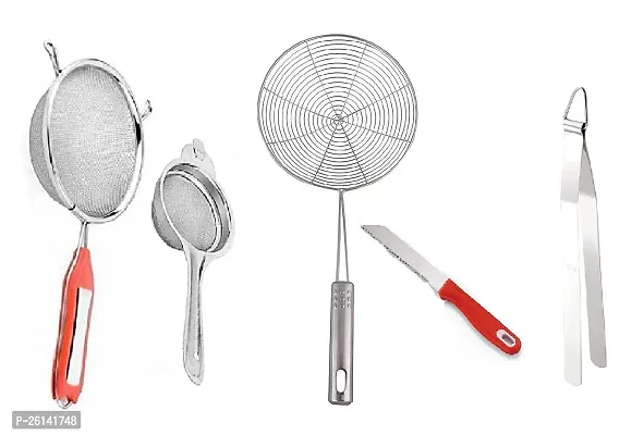 5 No Soup-Tea-Jhara-Knife-Chimta Stainless Steel Strainers And Sieves