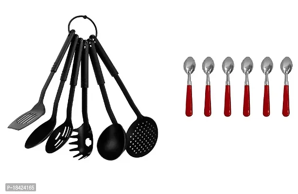 Nylon Heat-Resistant Nonstick Spoon Spatula Turner Scoop Kitchen Cooking Utensil Tools Set 6 Pcs Black Tong With Plastic Handle 6 Pcs Spoon.2 Pcs