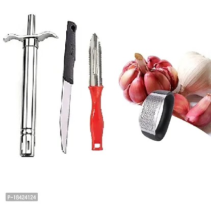 Stainless Steel Gas Lighter With Knife  Plastic Peeler And Garlic Ginger Crusher for Kitchen Presser for Kitchen.3 Pcs