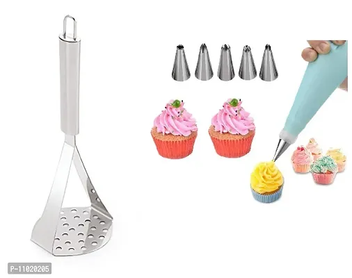 Stainless Steel Potato Vegetable Pav Bhaji Big Masher   6 Pcs Cake Decorating Nozzle Tips with Piping Bag.(Pack of 2 Pcs) S1