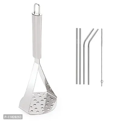 Stainless Steel Potato Vegetable Pav Bhaji Big Masher  Stainless Steel Straw with Brush.(Pack of 2 Pcs) S1