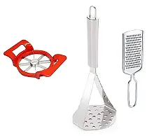 Plastic Apple Cutter With Stainless Steel Potato Crusher Vegetable Smasher Pav Bhaji Masher 10 Inch (Silver) And Stainless Steel Cheese Grater Also Ginger, Garlic, Nutmeg and Chocolate Grater.Pack of 3 Pcs-thumb1