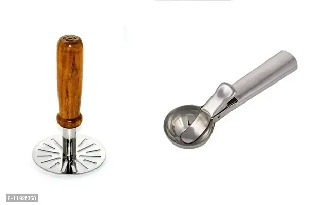 Wooden Handle Vegetable Pav Bhaji Masher  Stainless Steel Ice Cream Scoop (Pack of 2 Pcs) S1