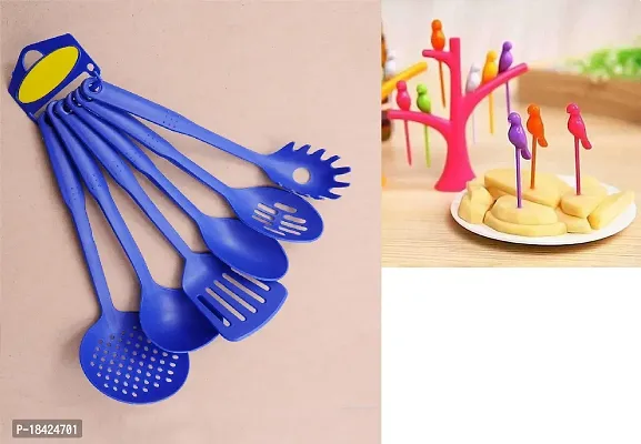 Heat-Resistant Nylon Nonstick Spoon Spatula Turner Scoop Kitchen Cooking Utensil Tools Set 6 Pcs Blue  Plastic Bird Fruit Fork Set with Stand 6-Pieces Multicolour.2 Pcs S1