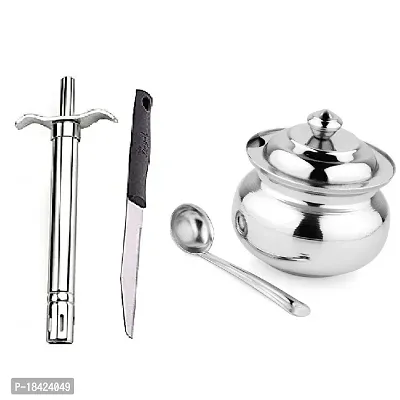 Stainless Steel Gas Lighter With Knife  Stainless Steel Ghee Pot Jar With Spoon.2 Pcs