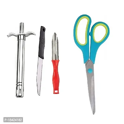 Stainless Steel Gas Lighter With Knife  Plastic Peeler And Multiperpose Big Scissore.3 Pcs