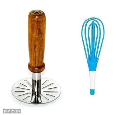 Wooden Handle Vegetable Pav Bhaji Masher  Plastic Egg Beater Whisk (Pack of 2 Pcs) S1