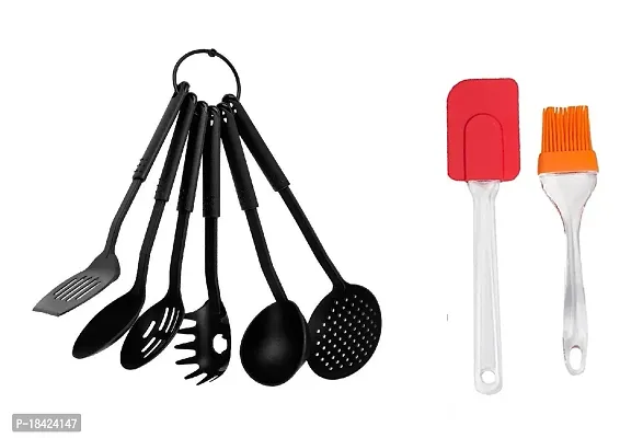 Nylon Heat-Resistant Nonstick Spoon Spatula Turner Scoop Kitchen Cooking Utensil Tools Set 6 Pcs Black Tong With Silicone Big Spatula And Brush Set.2 Pcs