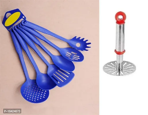 Heat-Resistant Nylon Nonstick Spoon Spatula Turner Scoop Kitchen Cooking Utensil Tools Set 6 Pcs Blue  Stainless Steel Pav Bhaji Small Masher.2 Pcs S1