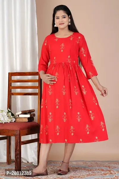 Designer Red Rayon Printed Flared Maternity Kurta For Women-thumb3