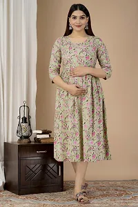 Designer Beige Rayon Printed Flared Maternity Kurta For Women-thumb3