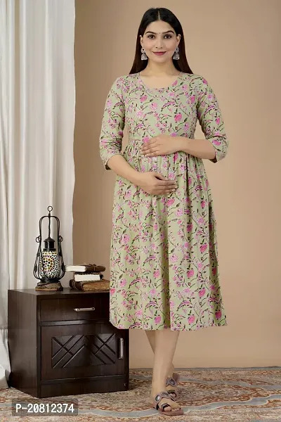 Designer Beige Rayon Printed Flared Maternity Kurta For Women-thumb4