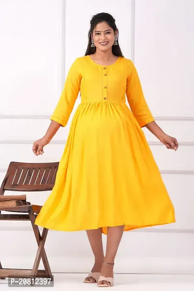 Designer Yellow Rayon Solid Flared Maternity Kurta For Women