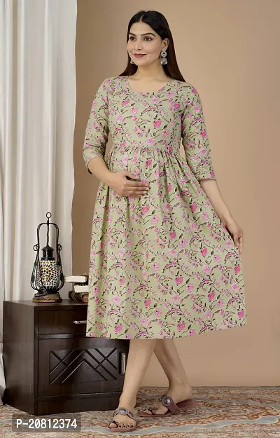 Designer Beige Rayon Printed Flared Maternity Kurta For Women-thumb0