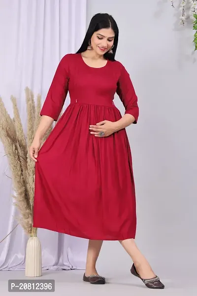 Designer Red Rayon Solid Flared Maternity Kurta For Women-thumb3