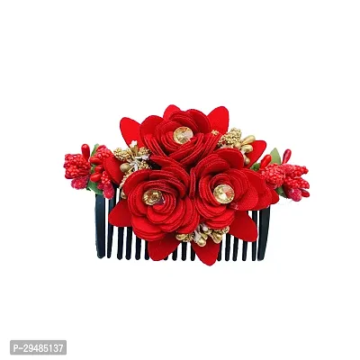 Classic Hair Flower Comb Clips Designer Hair Side Clip Hair Accessories For Women and Girls, Pack-1, Red-thumb0