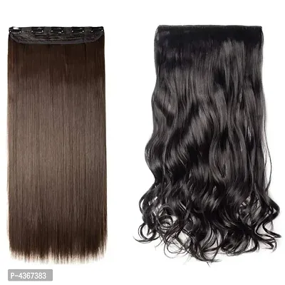 Stylish Combo 26Inch Straight And Curly Hair Extenshion Clip Hair Wig for Womens and Girls (Black And Brown)