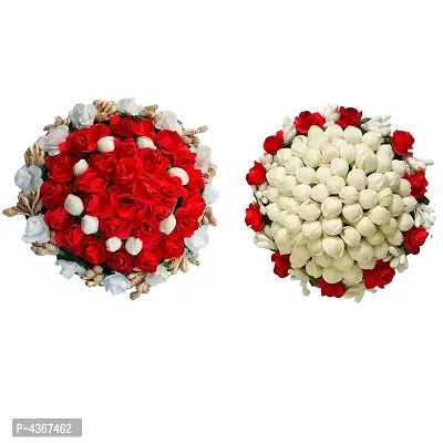 Artificial flower Bun Hair Gajra Bun Mogra Gajra Juda Maker Flower Gajra, White and Red Color, Pack of 2-thumb0