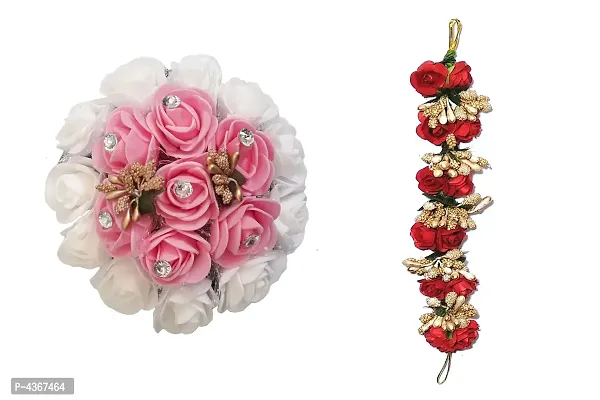 Artificial flower Gajra Hair Bun Flower Gajra Pink and Red For womens and girls (Pack-02)