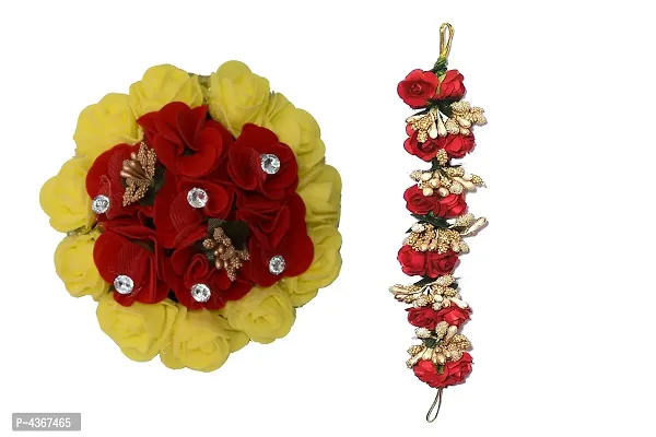 Wedding Artificial flower Gajra Hair Bun Flower Gajra Yellwo and Red For womens and girls (Pack-02)