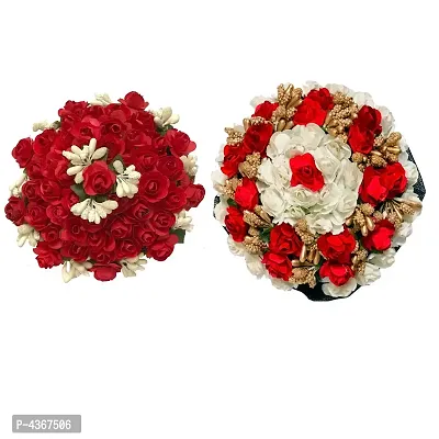 Rose Flower Bun Wedding Hair Bun Gajra for Women And Girls Juda Bun Hair Accessories, Pack of 2, White And Red-thumb0