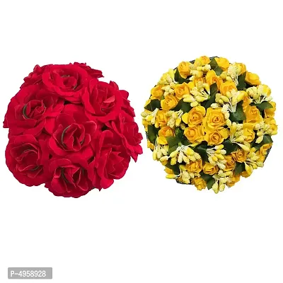 VinshBond Full Juda Bun Gajra Hair Flower Gajra Combo for Wedding and Parties (Red Yellow) for women  girls, Pack of 2