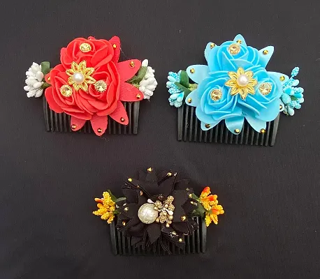 Classic Artificial Hair Fancy Comb Clip /Bridal Hair Accessories Combo For Women And Girls Pack -3 Multi