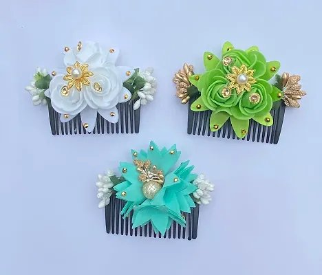 Classic Artificial Hair Flower Comb Clip /Hair Comb Bridal Headdress Flower Combo For Women And Girls Pack -3 Multi