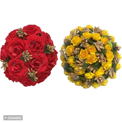 Classic Red Rose Flower Gajra Bun For Hair And Yellow Hair Bun Gajra Juda Maker Flower Gajra Hair Accessories For Women And Girls Multicolor Pack-2-thumb0