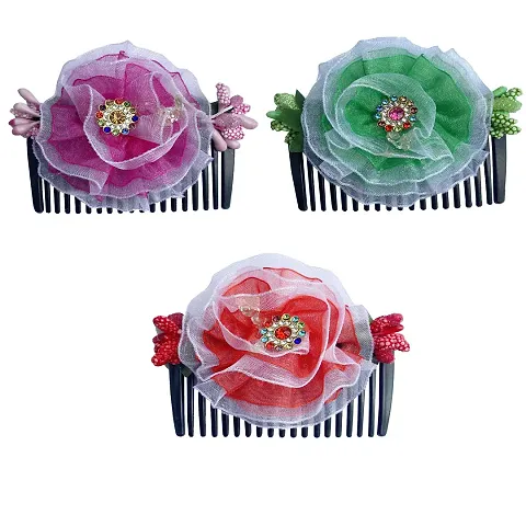 Classic Bridal Hair Clip/ Side Hair Pin/ Flower Hair Comb Pin/ Juda Pin Hair Accessories For Women and Girls, Multicolor, Pack Of 3