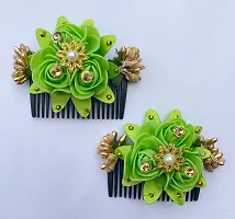 Classic Fancy Flower Comb and Hair Side Comb/Clip Flower Design Juda Comb For Women and Girls Pack -2 Green-thumb1