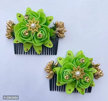 Classic Fancy Flower Comb and Hair Side Comb/Clip Flower Design Juda Comb For Women and Girls Pack -2 Green-thumb2