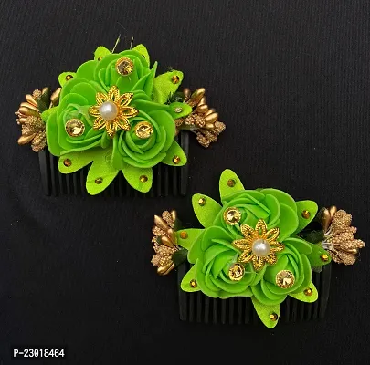 Classic Fancy Flower Comb and Hair Side Comb/Clip Flower Design Juda Comb For Women and Girls Pack -2 Green