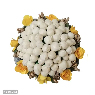 Classic Artificial Flower Full Juda Bun Hair Flower Gajra For Wedding, White and Yellow, Pack Of 1