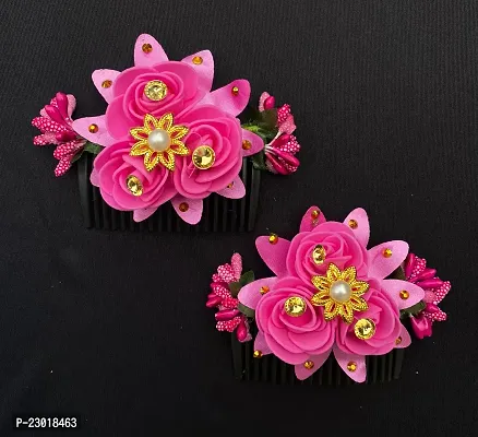 Classic Fancy Flower Comb and Hair Side Comb/Clip Flower Design Juda Comb,For Women and Girls Pack -2 Pink-thumb0