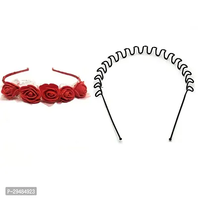 Classic New Headband Combo Red Rose Flower/ Floral Crown Hair Band/ Zigzag Hairband Hair Accessories For Women Girls Pack-2-thumb0