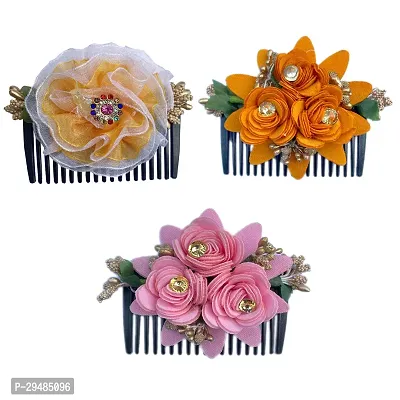 Classic Bridal Hair Clip/ Side Hair Pin/ Flower Hair Comb Pin/ Juda Pin Hair Accessories For Women and Girls, Multicolor, Pack Of 3-thumb0